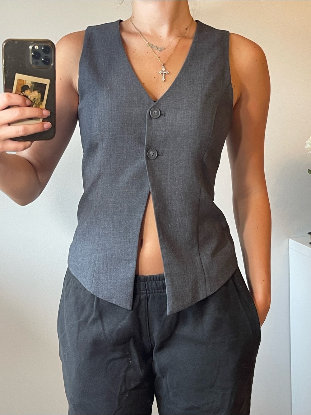 Leith Charcoal Gray V-Neck Button Front Vest Top